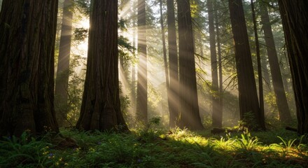 Naklejka premium Sunbeams Through Redwood Forest Landscape Photography