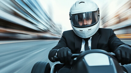 Man in Suit and Helmet Races Go-Kart on Track During Daytime