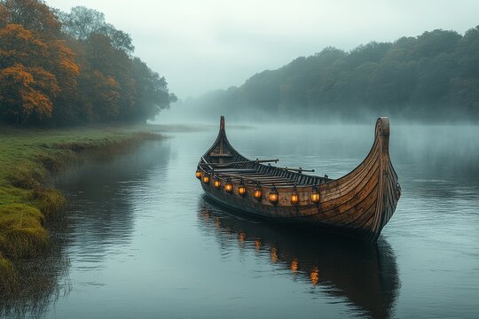 Viking longboat in the shape of an arch with oars, sailing through misty water under a cloudy sky, surrounded by trees and a dark forest background.