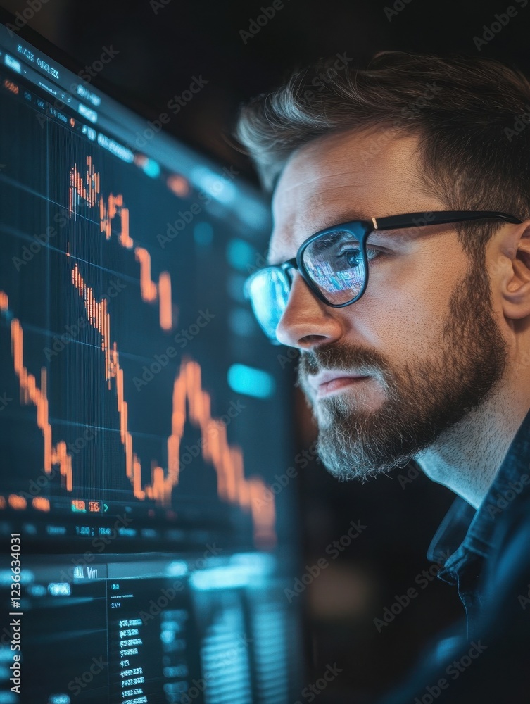 Poster serious business man trader analyst looking at computer monitor, investor broker analyzing indexes, 