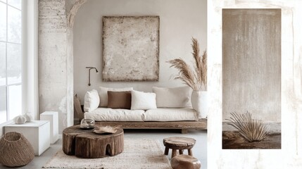 Serene Minimalist Living Room Interior with Neutral Tones and Natural Textures