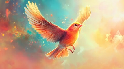 Vibrant Orange Bird in Flight Against a Magical Colorful Background, Representing Freedom and Natural Beauty with Wings Spread Open Radiating Joy and Serenity