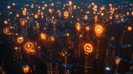 Fototapeta premium Innovative business connections. glowing icons symbolizing b2b collaboration in a night cityscape