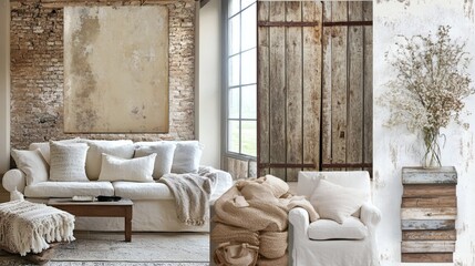Rustic Chic Living Room Interior Design with Linen Sofa, Wooden Accents, and Neutral Decor
