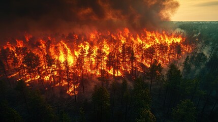 Aerial View Of A Forest Fire Intensely Burning Trees