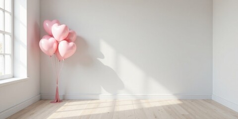 Pink heart-shaped balloons in a minimalist room with sunlight streaming through a window