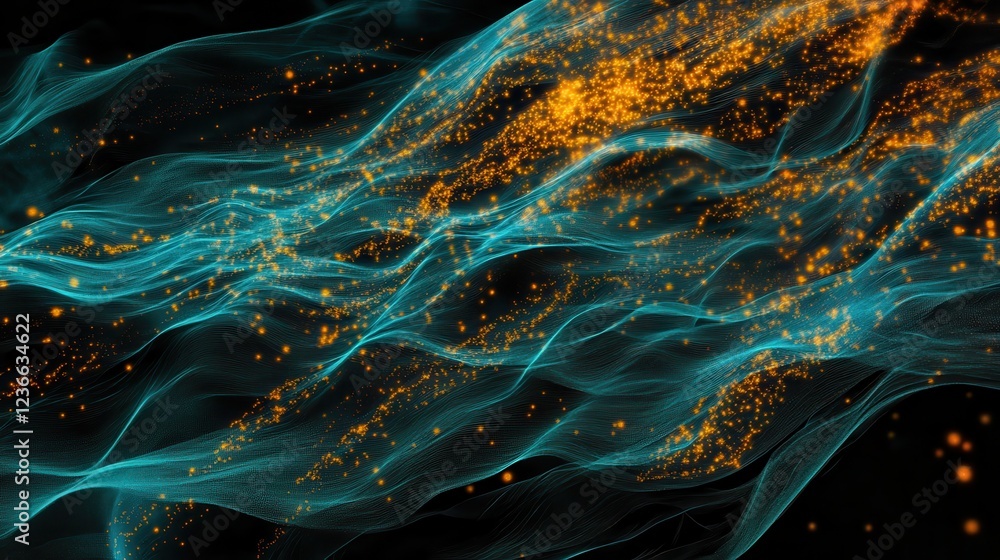 Poster abstract glowing data stream visualization on digital screen.