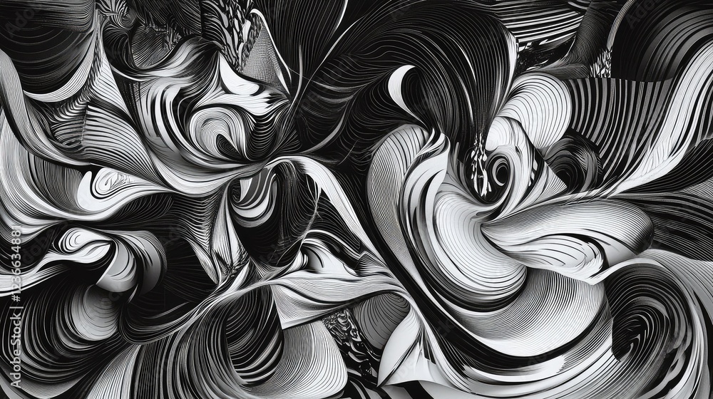 Poster abstract black and white artwork featuring fluid lines and swirling shapes creating a dynamic displa