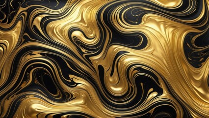 Black and Gold Abstract Fluid Marble Background with Glossy Metallic Swirls