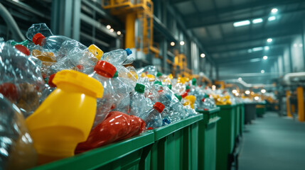 Open Bins Filled With Plastic Bottles in Recycling Facility During Daylight Hours
