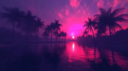 Obraz premium Pink Sunset Over Tropical Palm Trees And Calm Water