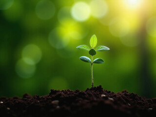 Young Green Plant Sprouting from Dark Soil with White Flower on Top, Illuminated by Sunlight – Fresh Seedling with Vibrant Leaves in Natural Environment, Symbolizing Growth, Renewal, and Vitality