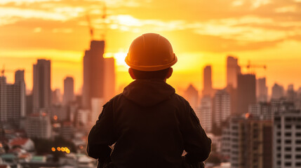 Engineer in Work Gear Observes Sunset Over City Skyline With Construction Activity in the Background