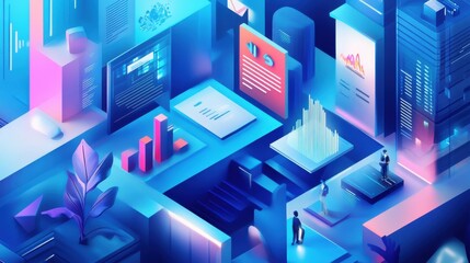 Digital illustration showing a rising trend in tech and finance in a blue theme