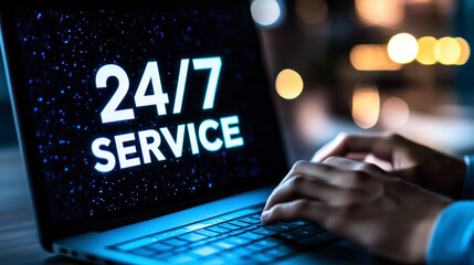 Glowing Hologram Displaying 24/7 Service Concept During Nighttime Work Session