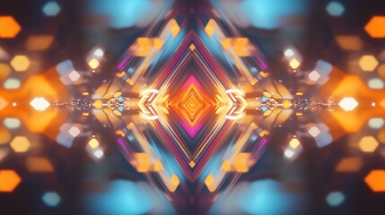 Abstract symmetrical diamond shapes with blurred light effects, vibrant colors and bokeh lights