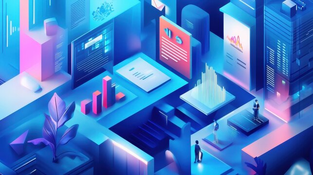 Digital illustration showing a rising trend in tech and finance in a blue theme