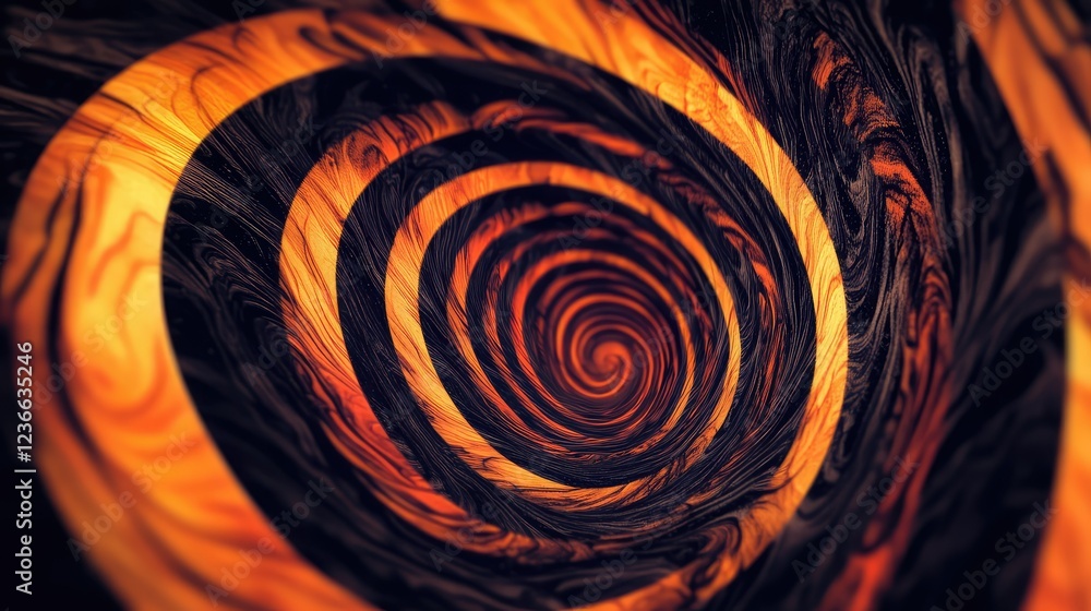 Poster abstract swirling pattern in fiery orange and black tones creating a hypnotic visual experience in a