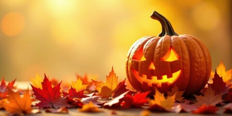 Autumnal Jack-o'-lantern amidst a scattering of vibrant fall foliage, illuminated by a warm, golden light, creating a festive seasonal scene.