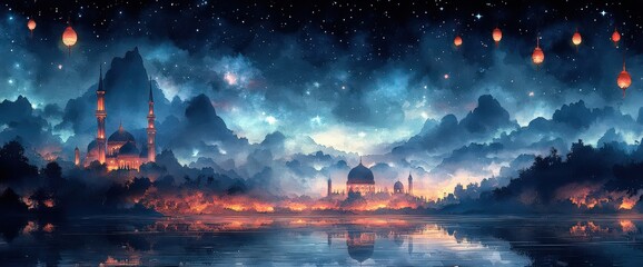Fototapeta premium Mystical Night Mosque by a Lake Under a Starry Sky