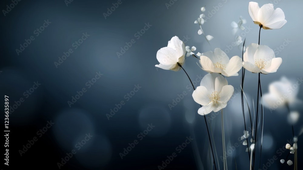 Poster delicate white flowers with soft bokeh background ideal for designer projects and creative compositi