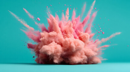 Dynamic Explosion of Colorful Dust Against a Bright Turquoise Backdrop in an Artistic Display