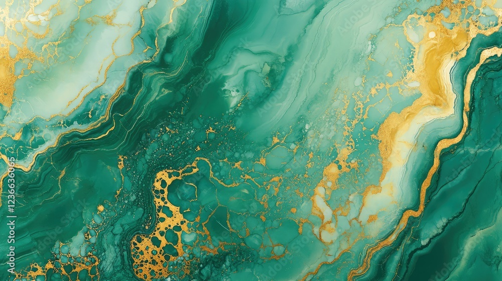 Poster abstract art of swirling turquoise and green patterns with gold accents representing fluidity and el