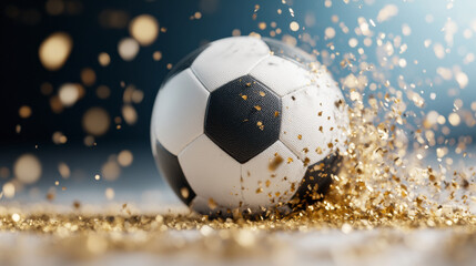 Fototapeta premium Football Soaring Through the Air With a Trail of Golden Particles in a Dynamic Moment