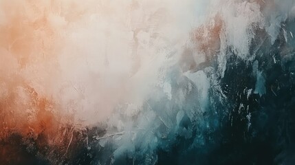 Obraz premium Abstract painting featuring soft hues of orange, teal, and cream creating a serene and calming visual effect, ideal for tranquil home decor and artistic projects.