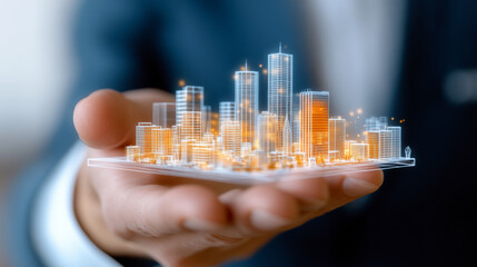 Innovative Urban Development Concept Displayed in a Hand Showcasing a Miniature City Model