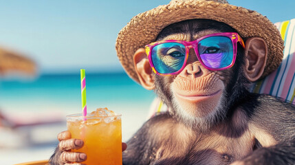 Cool Monkey Enjoying a Refreshing Drink at the Beach in Bright Sunglasses and a Stylish Hat