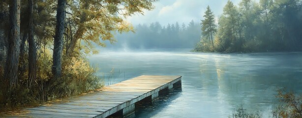 Fototapeta premium Serene lake view with wooden pier and trees.