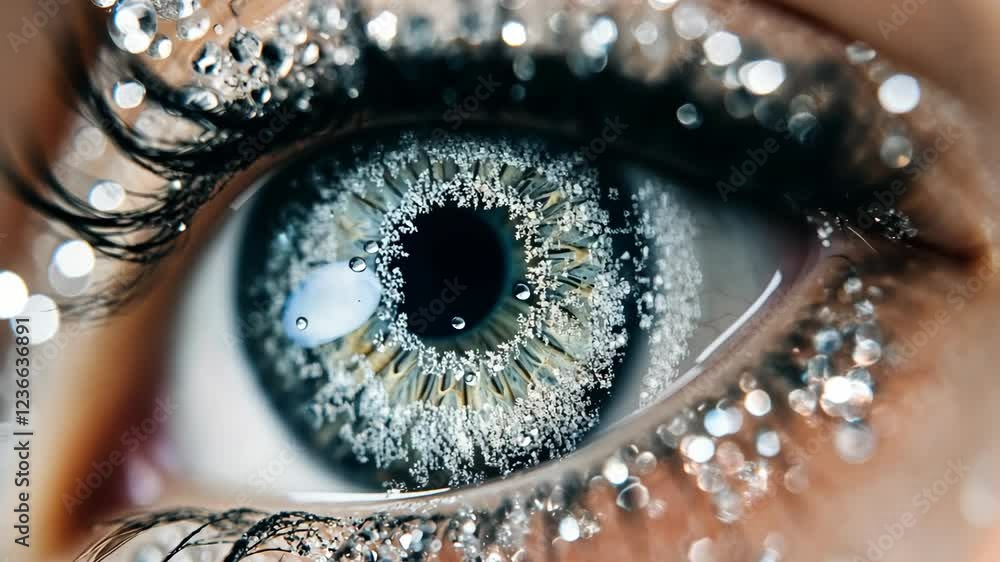 Poster close-up of a mesmerizing eye adorned with sparkling details and shimmering reflections captured ind