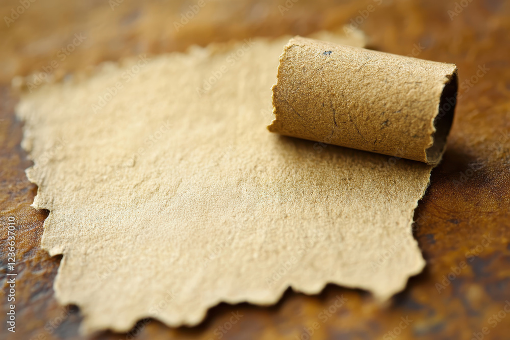 Poster torn vintage paper on a rustic wooden surface with a roll of tape beside it, suggesting a creative p