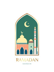 Oriental Islamic windows and arch for Ramadan Kareem and Eid Mubarak. Design template in flat style for greeting banner, card, advertising, sale, web, poster. 