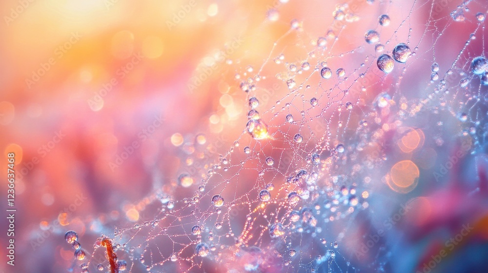 Poster dew drops glisten on delicate branches during sunrise, creating a serene and calming natural display