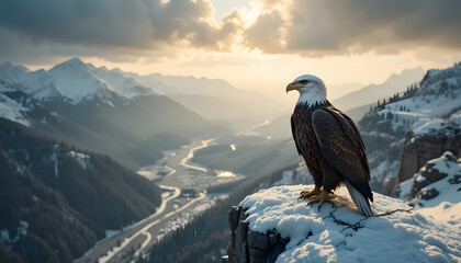 a lone eagle perched on a snowy cliff, its sharp gaze focused on the valley below, dramatic light illuminating the feathers, photorealistic
