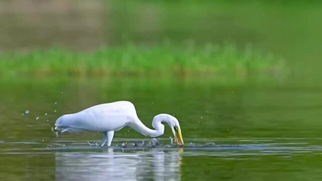 A great egret stands gracefully in shallow water, clutching a fish in its beak against a backdrop of lush greenery. The bird's white plumage contrasts beautifully with the dark water and foliage