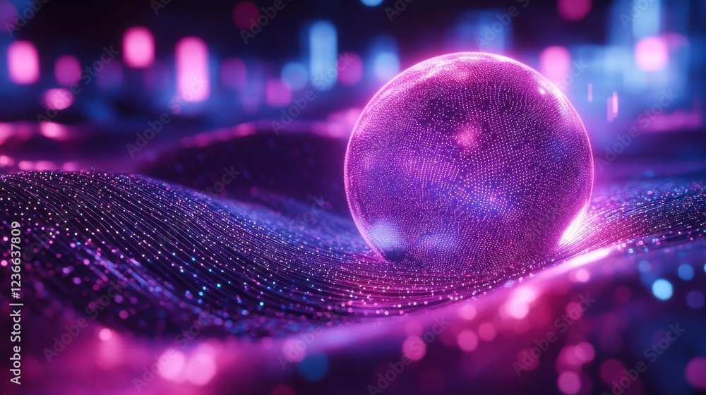 Aufkleber a dynamic 3d neon sphere, formed by flowing digital particles, glowing in ultraviolet light, represe