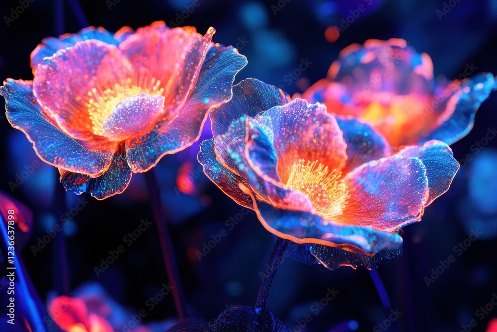 Poster colorful glowing flowers illuminated against a dark backdrop create a vibrant, futuristic atmosphere
