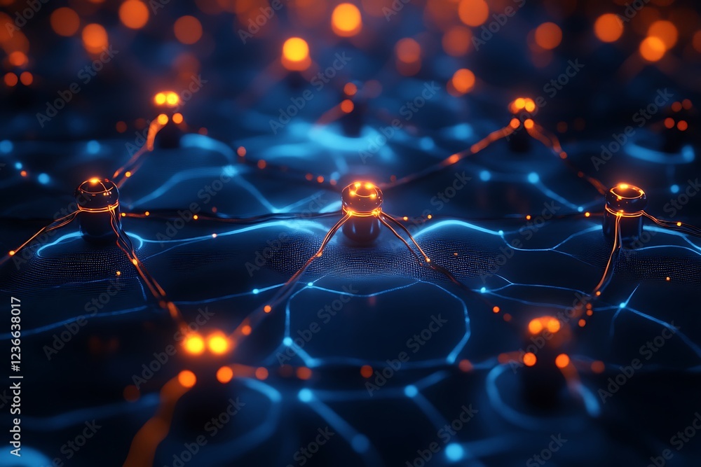 Aufkleber abstract 3d rendering of a futuristic network with glowing nodes and connections.