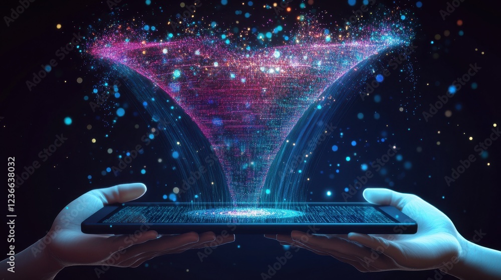 Poster digital sales funnel on a tablet screen held by hands, showcasing a big data concept. features abstr