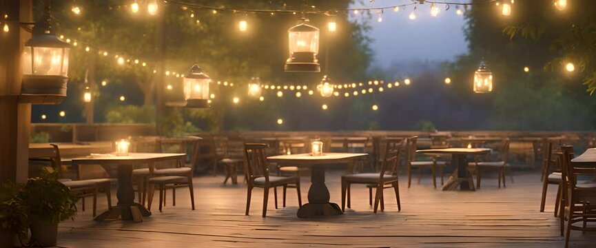 A photorealistic image of an outside hidden cafe at night, with twinkling fairy lights draped over rustic wooden tables