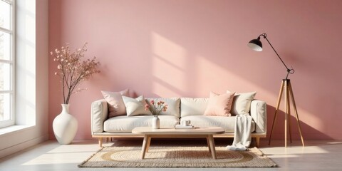 Serene Living Room Interior Design with Soft Pink Walls and Natural Light