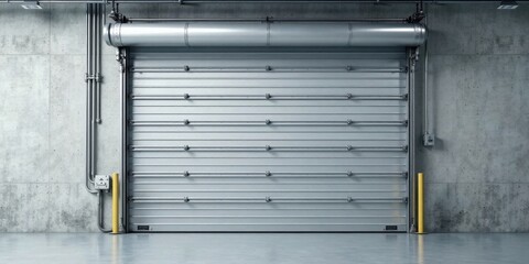 A closed metallic roll-up door in a contemporary industrial setting, featuring a sleek design and a polished concrete floor.