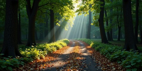 Sunbeams Illuminate a Serene Forest Path Lined with Autumn Leaves and Lush Green Undergrowth
