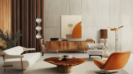 Mid-Century Modern Living Room Interior Design with Wood Accents and Statement Artwork