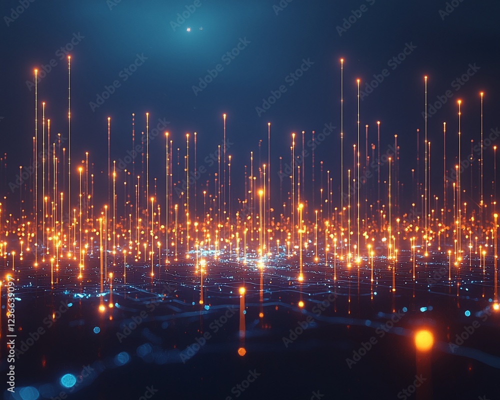 Poster abstract digital landscape with glowing lines and particles. (1)