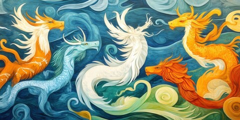 Four dragons swirling in clouds; fantasy art for decor.
