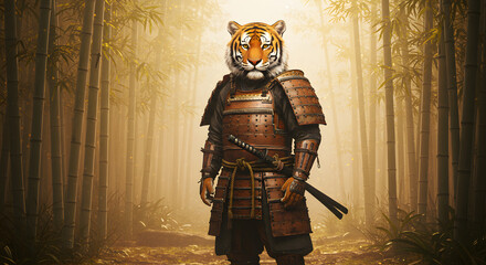 Fototapeta premium Tiger Samurai in Bamboo Forest: A Digital Painting